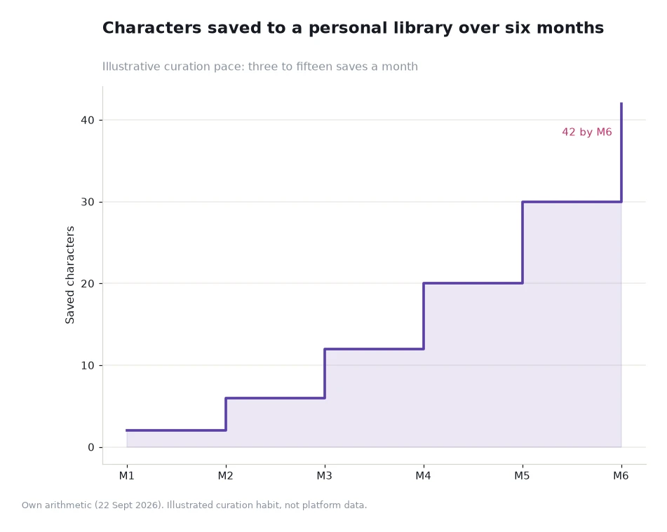 Step chart of saved characters rising from 2 in the first month to 42 in the sixth